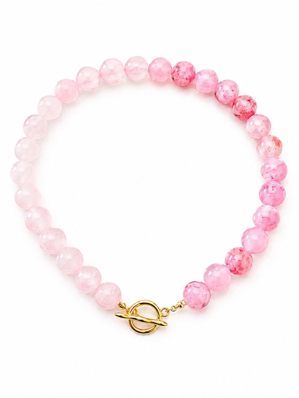 Handmade Women's Pink Glass Stone Beaded Chunky Necklace Gold Toggle Clasp